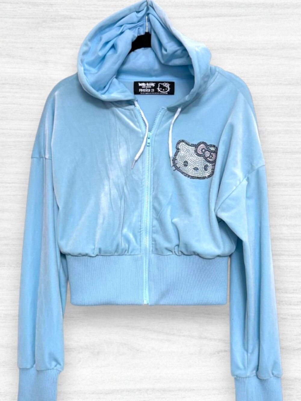 Hello Kitty x Forever 21 Blue Velour Rhinestone Cropped Zip Hoodie